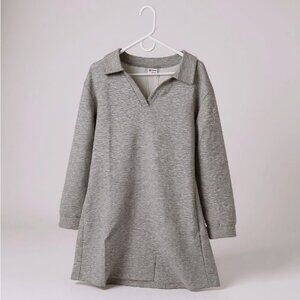 Long Sleeve Lapel Collared V Neck Sweatshirt Midi Dress Women 2XL Grey Loose Fit